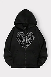 Siyah Ağ Kalp Unisex Kapüşonlu Fermuarlı Hırka