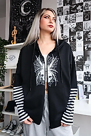 Siyah Kurukafa Örümcek Kolu Çizgili Hırka