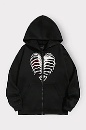 Siyah Kalp Kaburga Unisex Kapüşonlu Fermuarlı Hırka