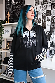 Siyah Heykel Kanat Kolu Çizgili Hırka