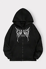 Siyah Kelebek Kanat Unisex Kapüşonlu Fermuarlı Hırka