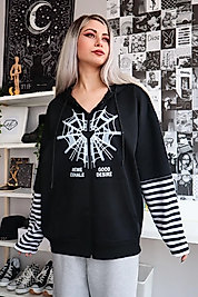 Siyah Spider Web Heart Kolu Çizgili Hırka