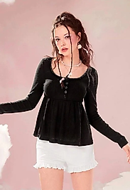 Siyah Kawaii Contrast Lace Uzun Kol Bluz