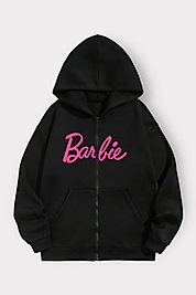 Siyah Barbie Yazılı Unisex Kapüşonlu Fermuarlı Hırka